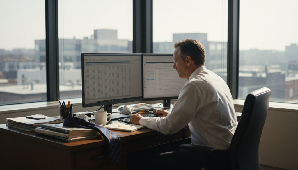 Trader reviewing account at sunlit office desk