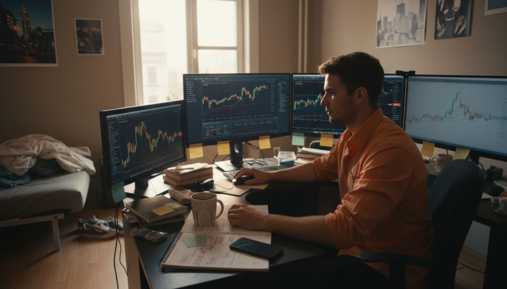 Trader reviews forex and crypto charts in home office