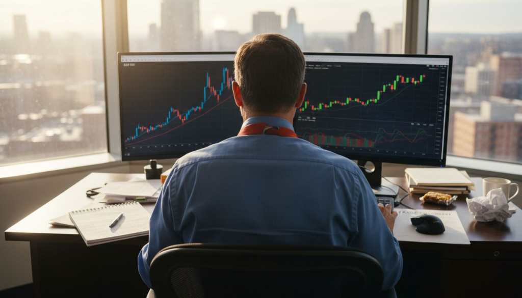 Trader at desk reviewing index charts