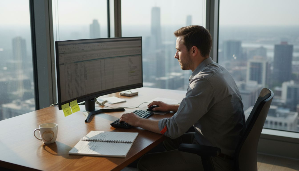 Funded trader analyzing spreadsheet at desk