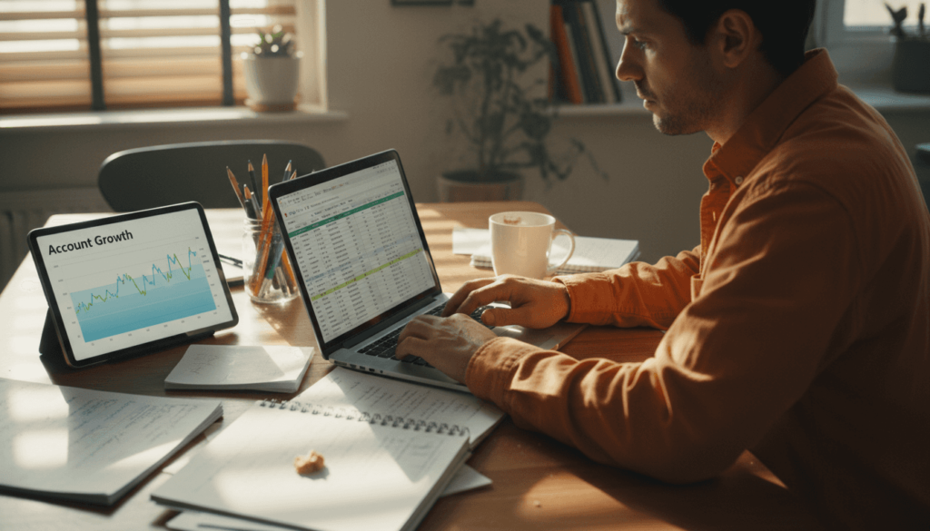 Trader reviewing growth on tablet at kitchen table