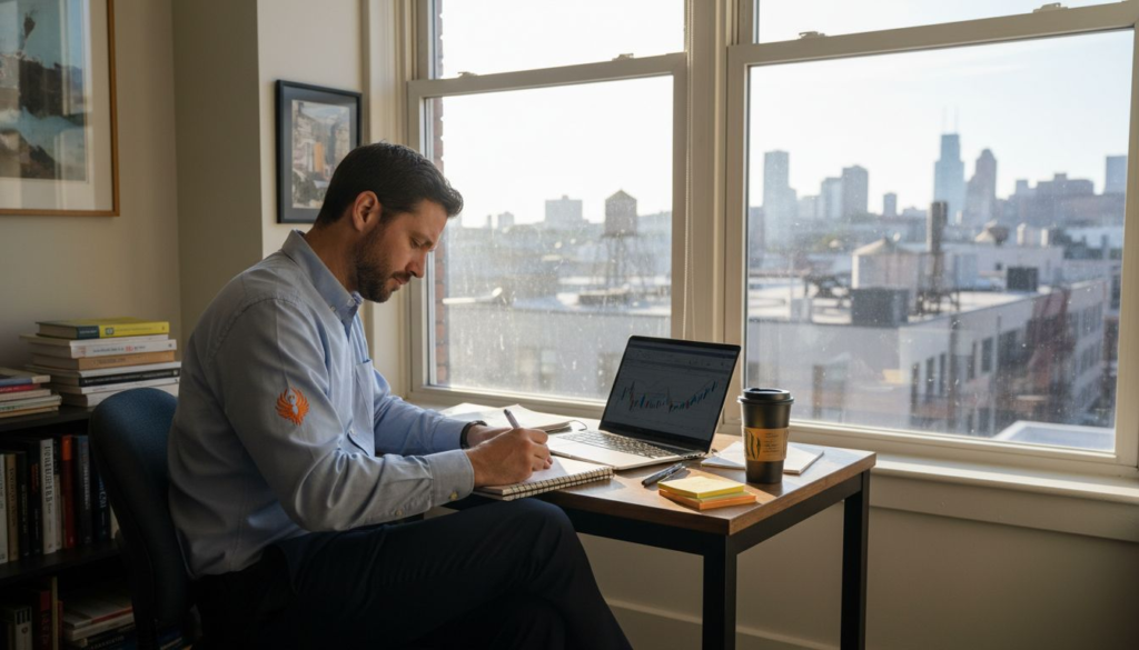 Trader preparing workspace in sunlit corner office