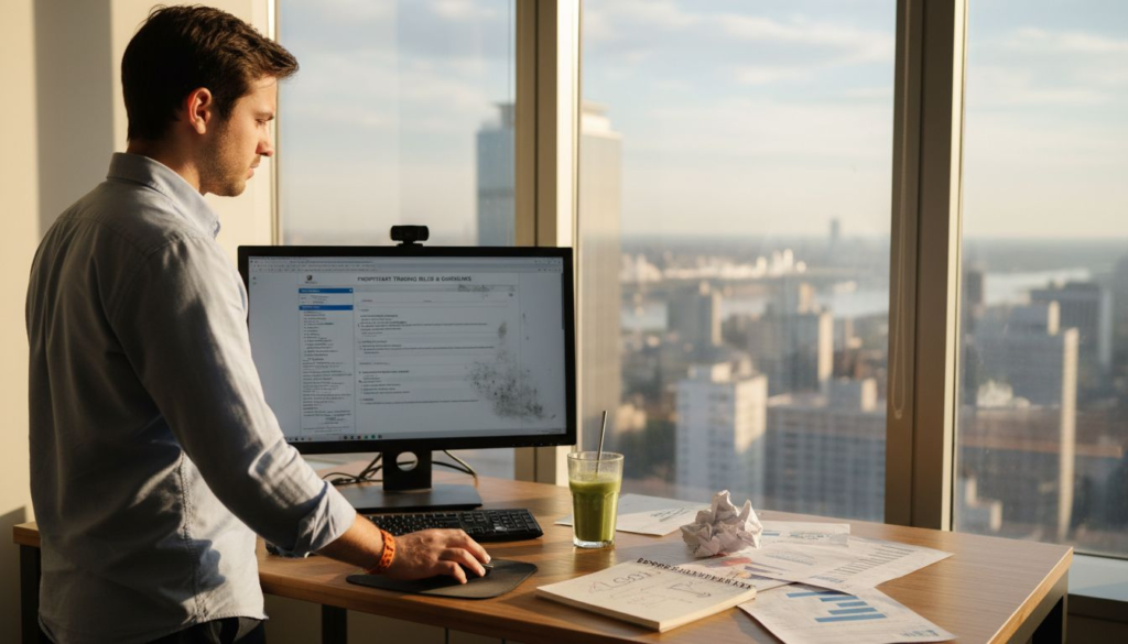 Trader reading trading rules on tall office desk