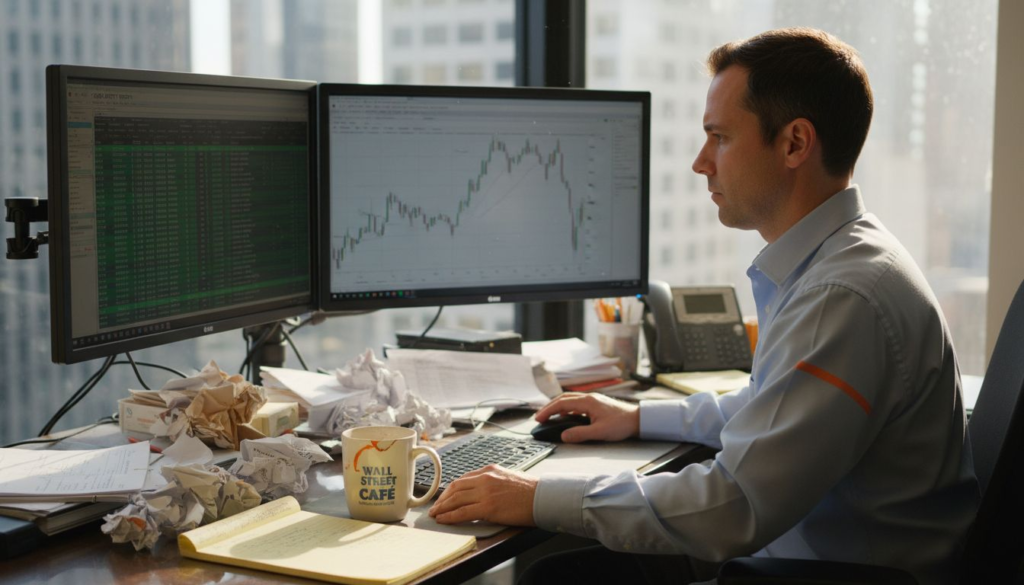 Trader calmly reviewing market performance logs