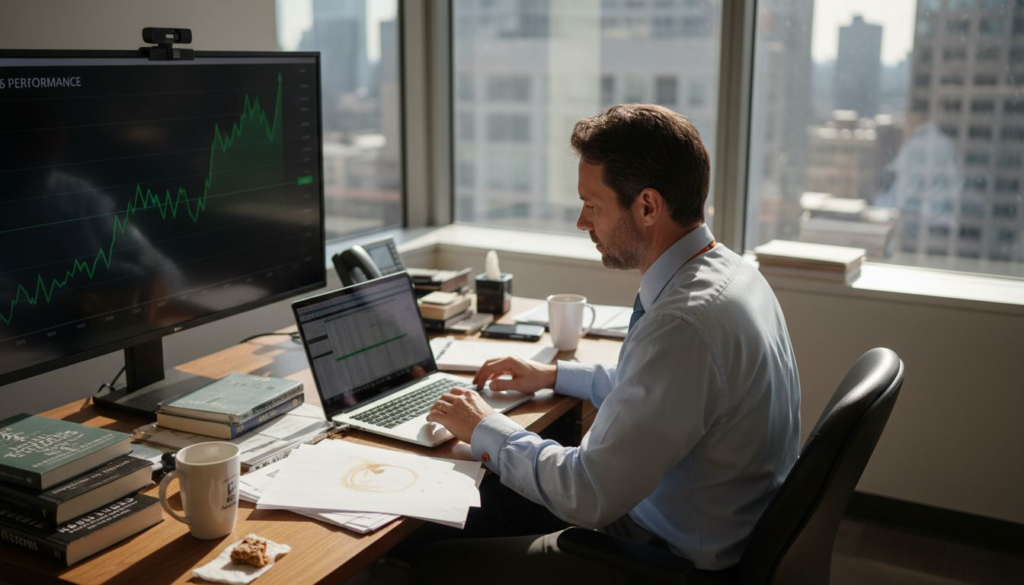 Trader in office tracking long-term growth