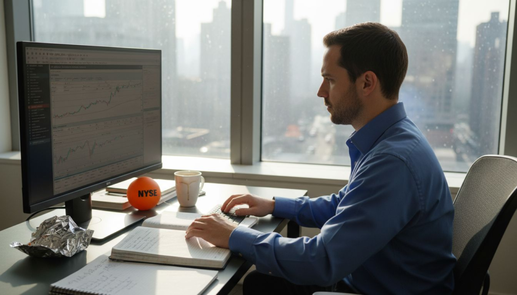 Retail trader reviewing objectives at cluttered desk