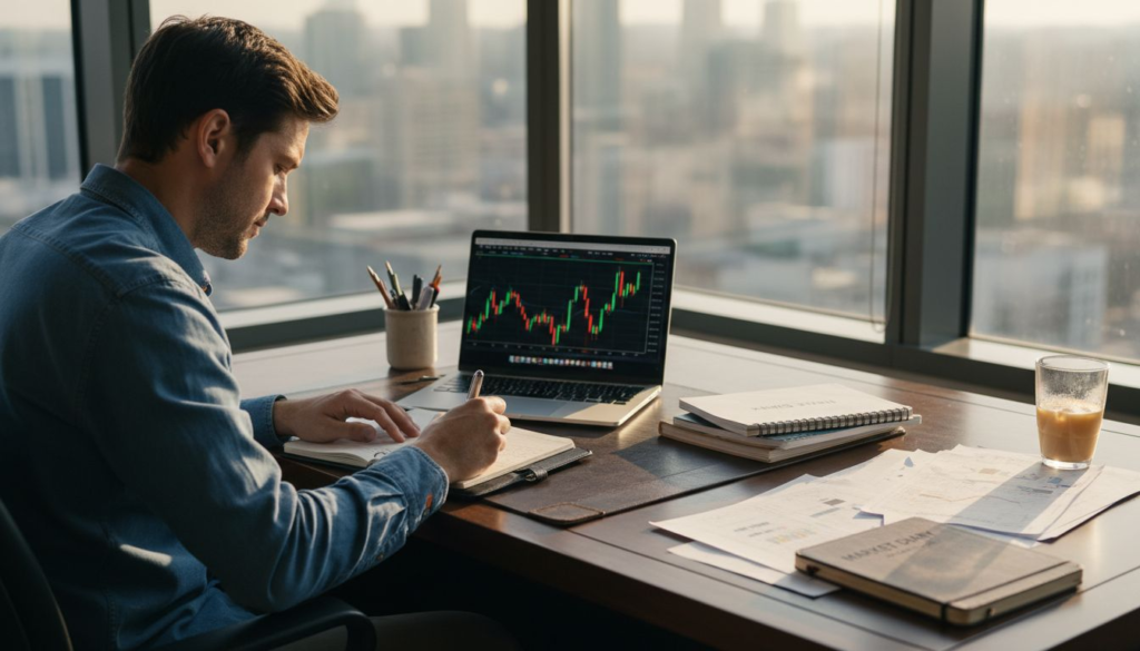 Trader reviewing structured trading plan and charts