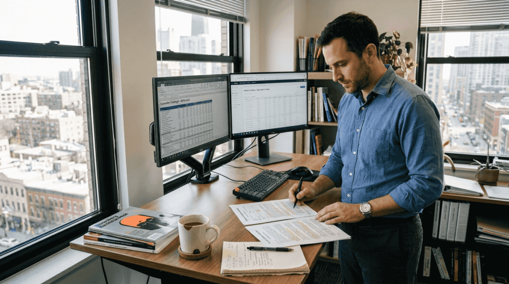 Trader reviewing funding model contracts at office desk