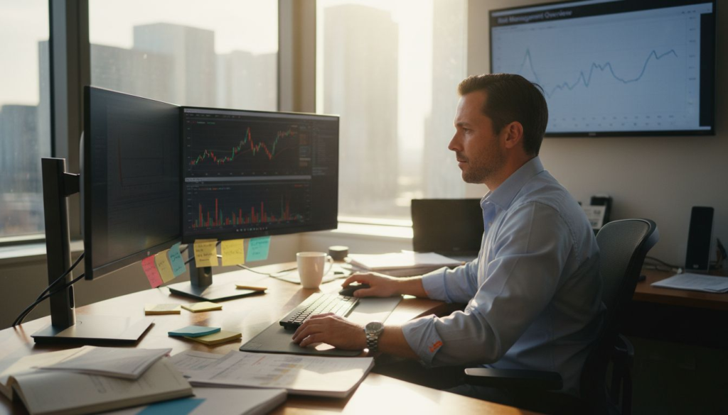 Trader analyzing risk management in office