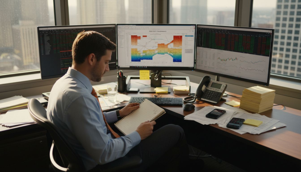 Trader reviewing asset correlations and market screens