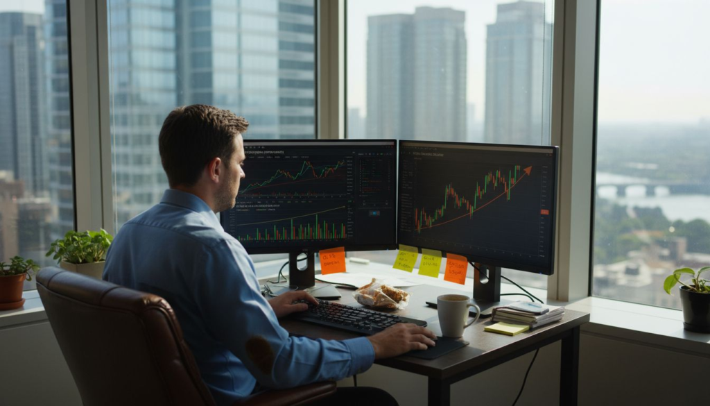 Retail trader at dual monitors reviewing charts