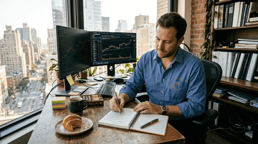 Trader developing scaling plan in corner office