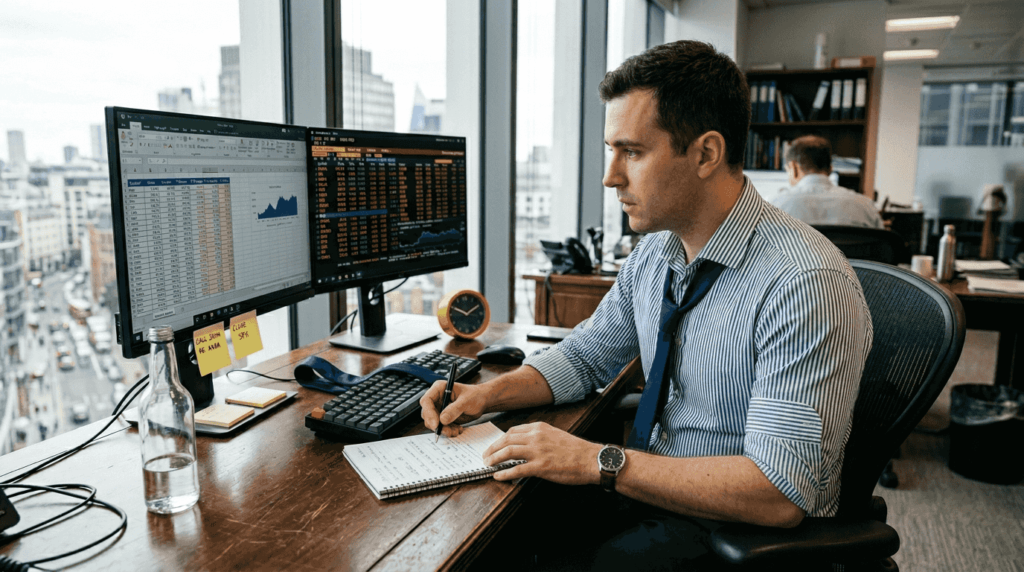Trader reviewing notes in sunlit office workspace
