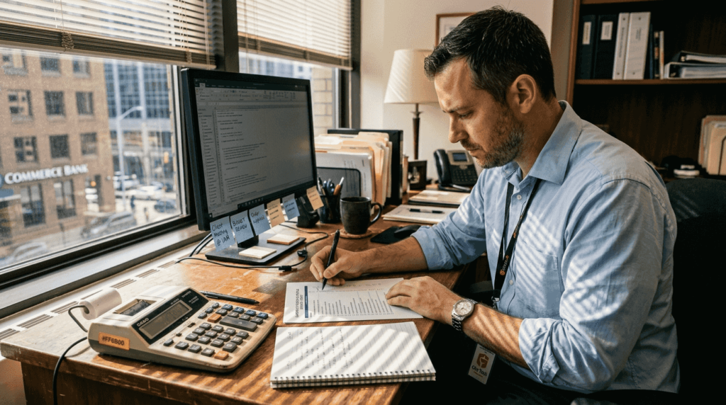 Trader reviewing rules at office desk