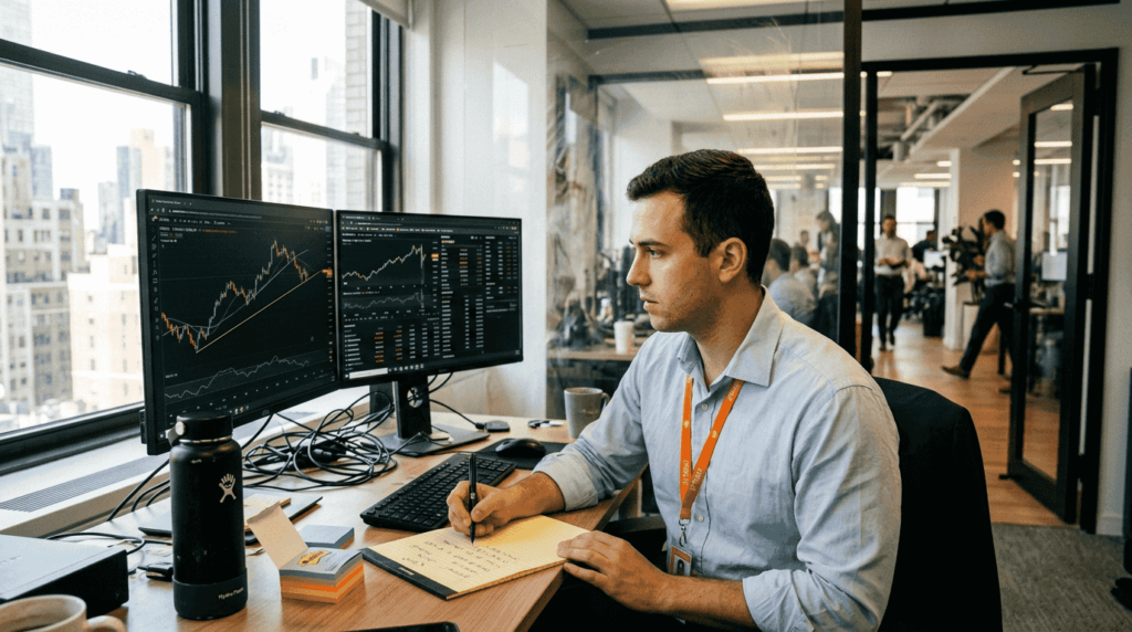 Trader reviewing charts in busy office