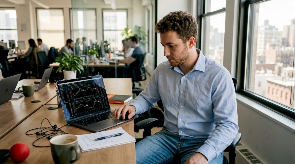 Retail trader at desk analyzing trade platform