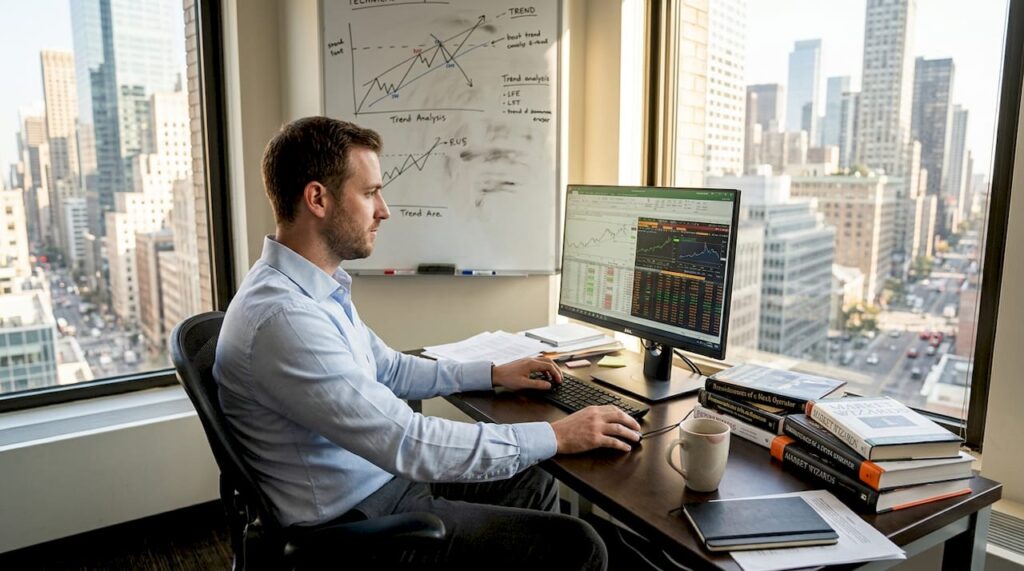 Trader in corner office reviewing spreadsheet