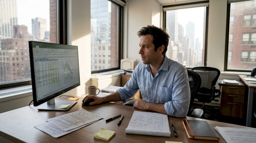 Prop trader scrolls spreadsheet at cluttered desk