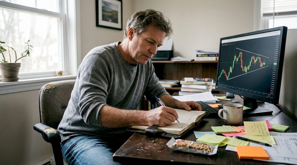 Trader logging trades in home office setting