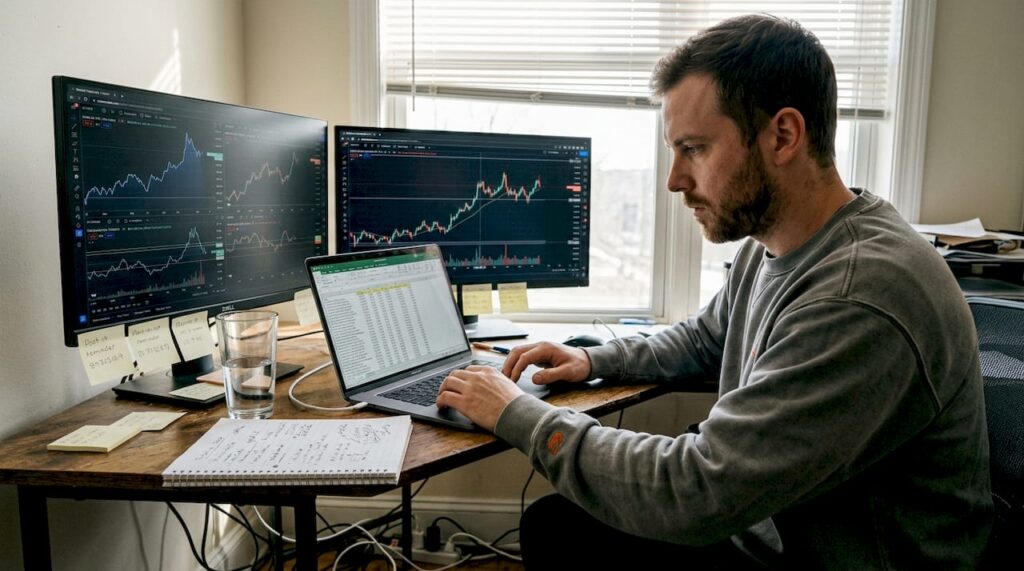 Retail trader reviewing charts at home office desk