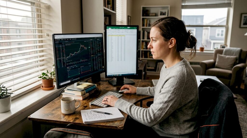 Trader reviewing challenge strategy in home office