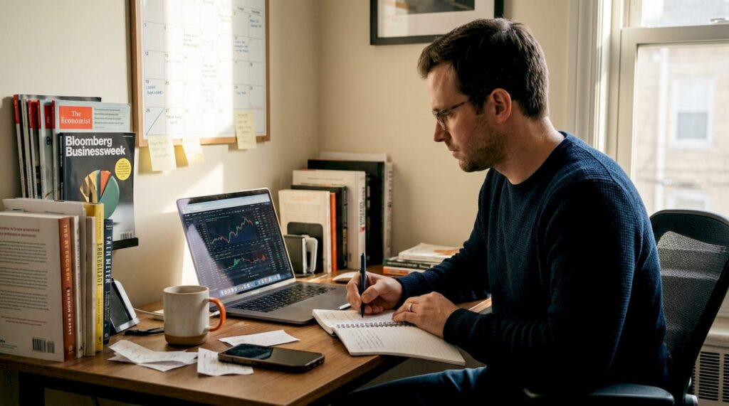 Trader reviewing funded account workflow at desk