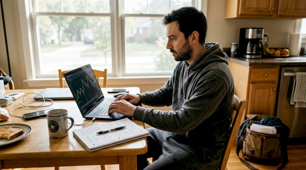 Trader working at kitchen table with laptop and notes