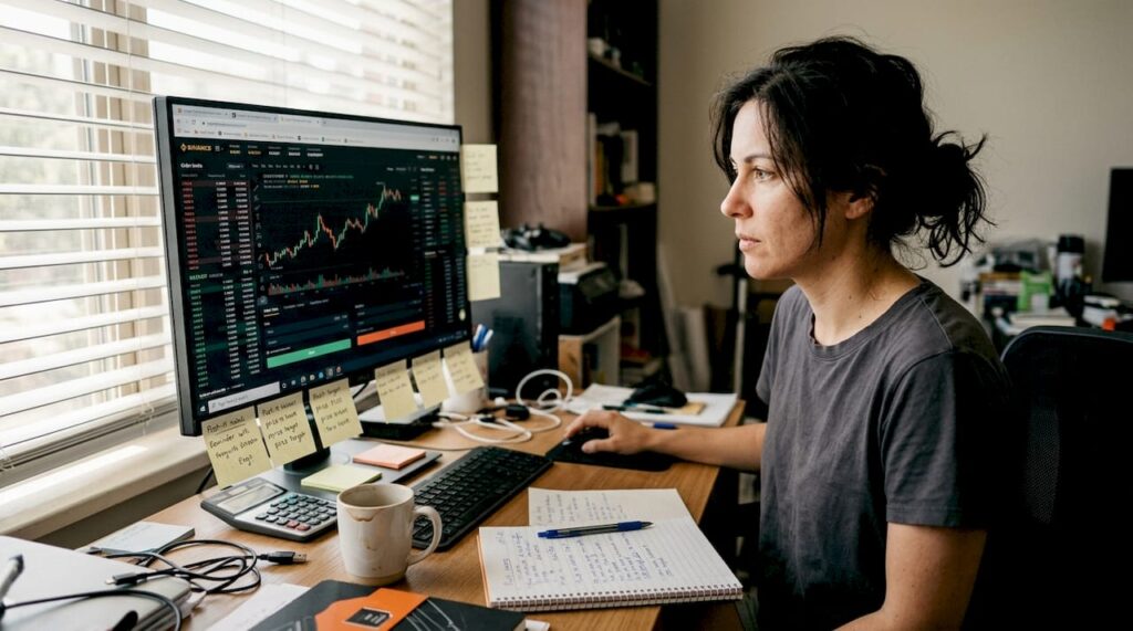 Crypto trader tracking risk in home office