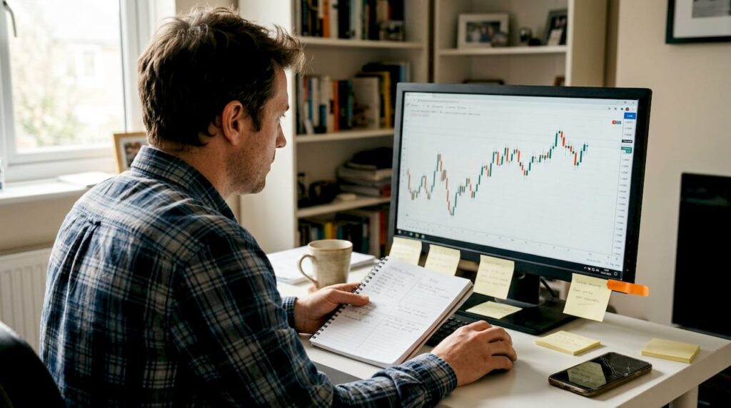 FX trader reviews journal at home desk