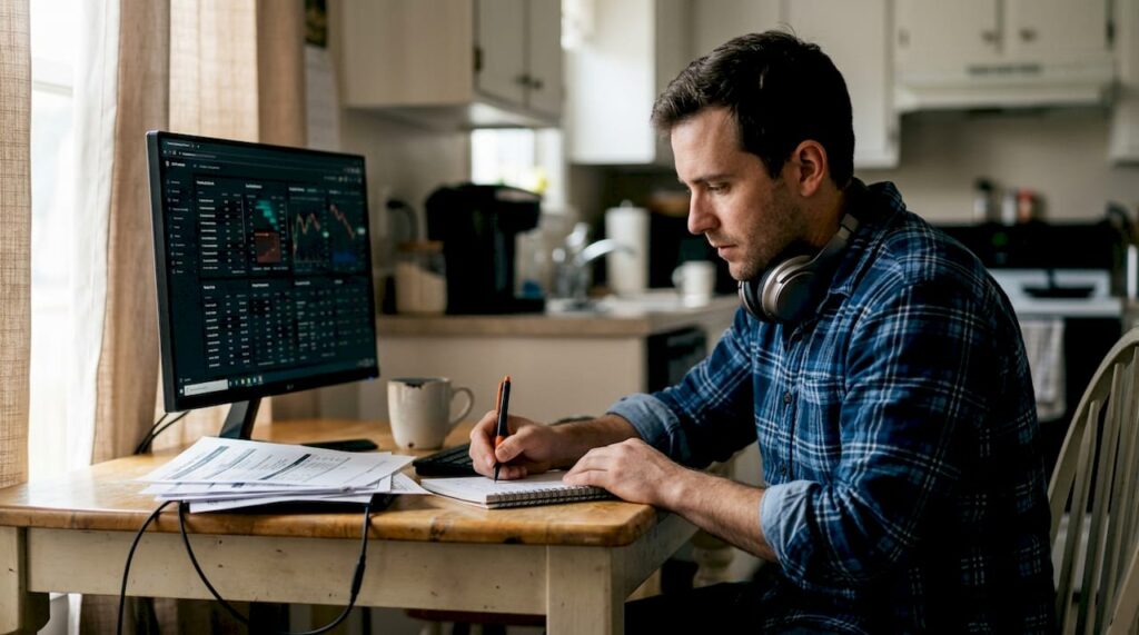 Retail trader working at home trading station