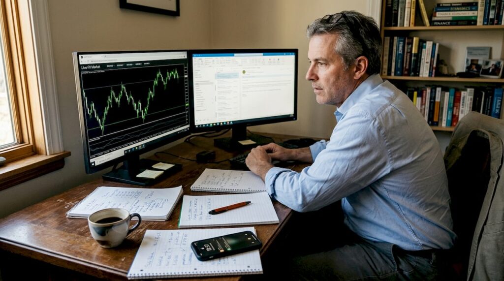 Trader reviewing live markets on home office monitors