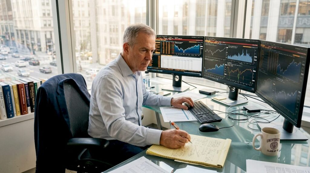 Trader working at glass desk in corner office
