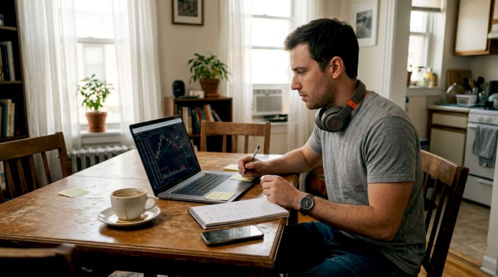 Man using laptop for home trading