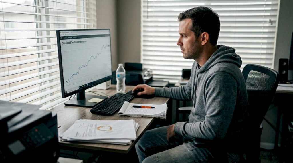 Man reviewing simulated trades in home office