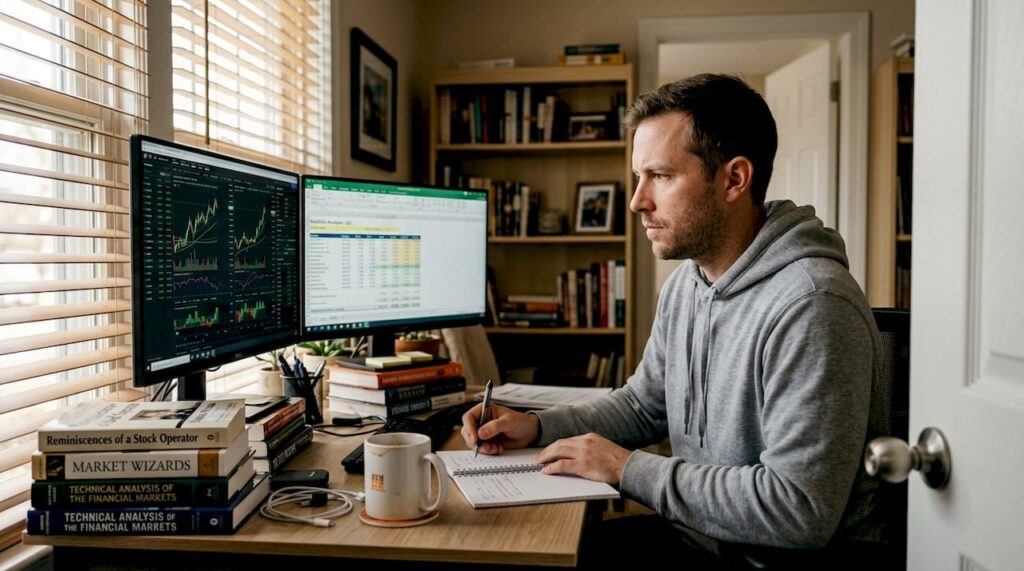 Trader maintaining discipline in home office