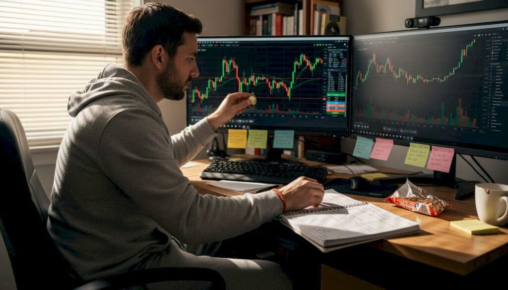 Trader reviewing forex charts in home office