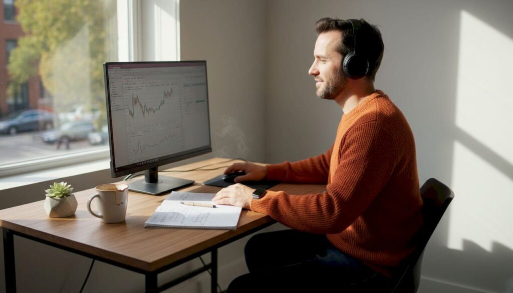 Man updating crypto trade in small home office