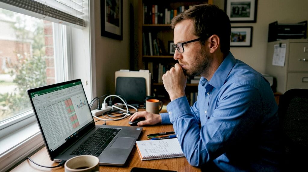 Trader reviews performance metrics on laptop