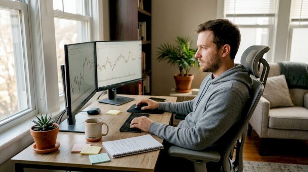Trader at home reviewing charts and notes