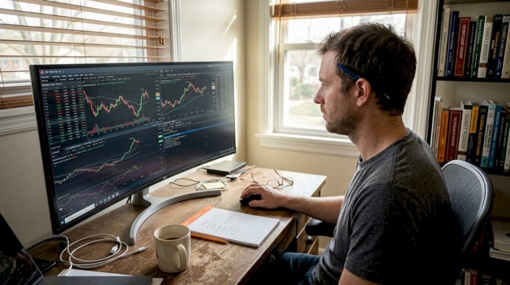 Trader analyzing risk on home office desk