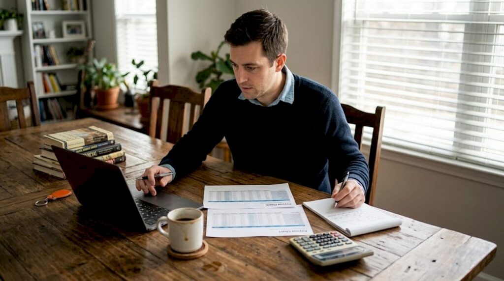 Trader comparing payout models at home office table