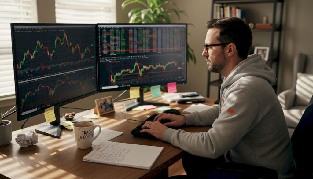 Trader in home office with multiple screens