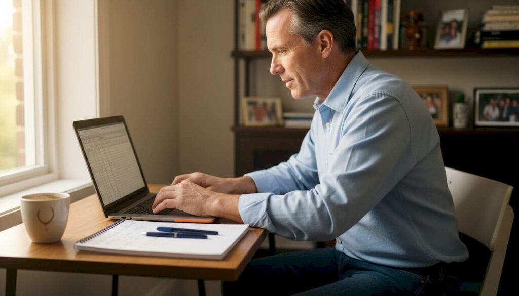 Trader calculating risk at home office desk