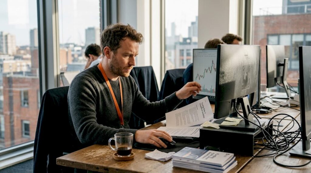 Retail trader studying trading rules at desk