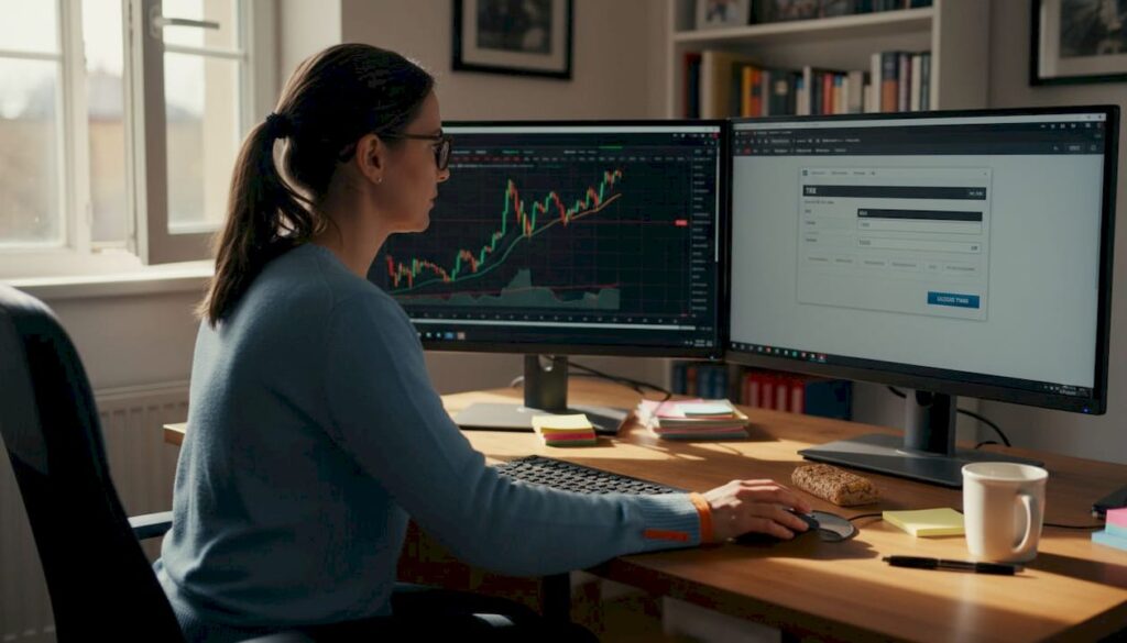 Person simulating trading at home office desk