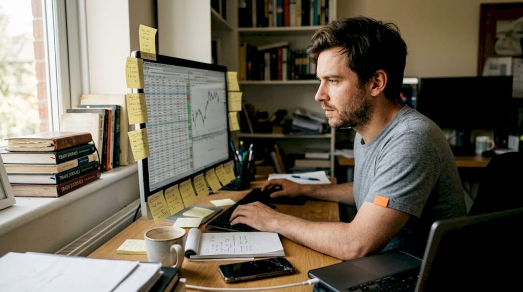 Trader reviewing logs in home office