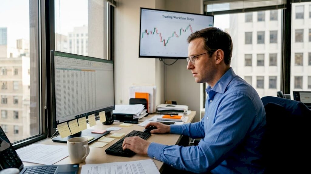 Trader reviewing workflow in corner office