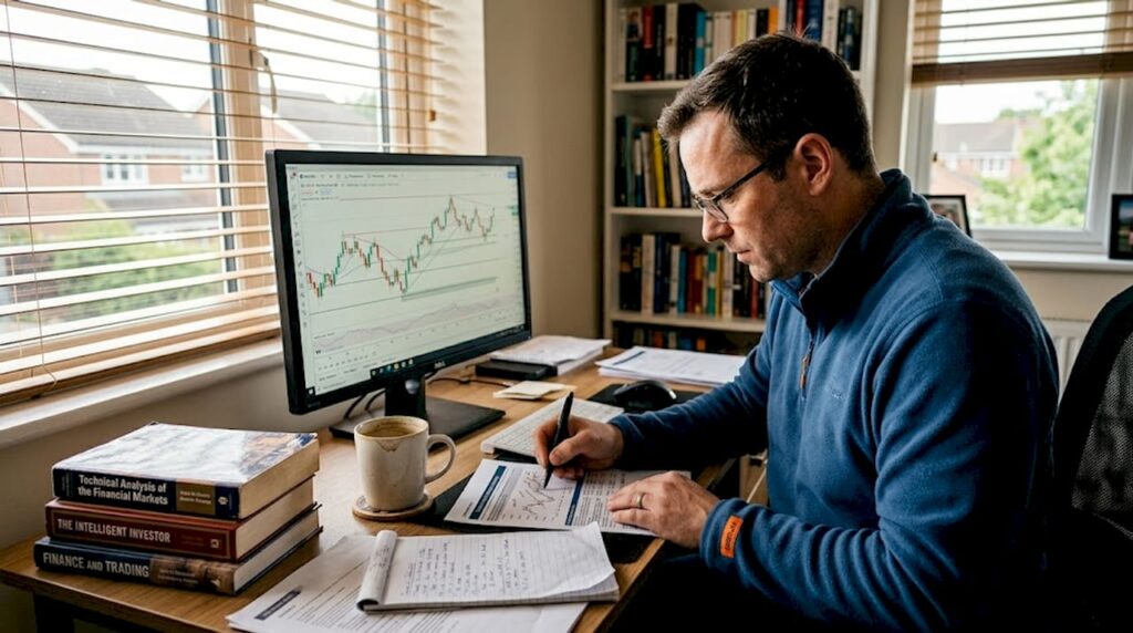 Retail trader reviewing strategy in home office