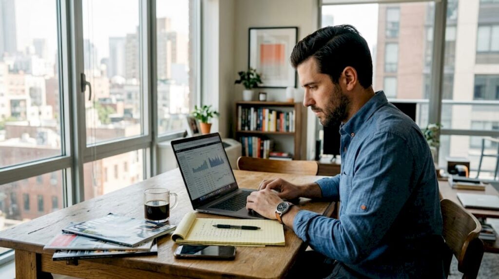 Trader comparing alternatives at sunlit kitchen table