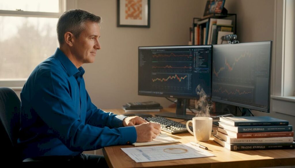 Trader journaling at home office desk
